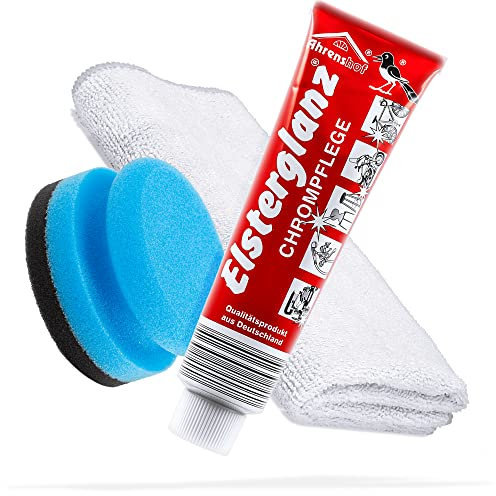 detailmate Elsterglanz - Crema cromata, 150 ml nel tubo XXL + panno in microfibra di alta qualità + spugna | Lucidante cromo, lucida e conservata superfici cromate
