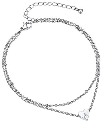 Bestyle Fußkettchen für Damen Edelstahl Doppelte Fußkette Sommer Fußband 26 Buchstaben Anklet for Women Silber Buchstabe A