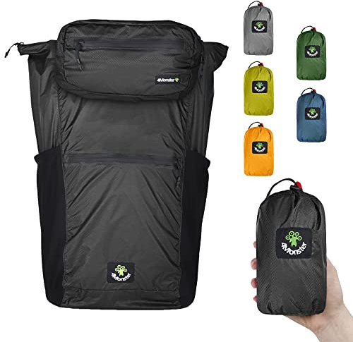 4Monster Faltbarer Rucksack Ultra Leicht, Unisex Tagesrucksack Outdoor, 2in1 Gürteltasche, Wasserdichter Wanderrucksack (Schwarz,32L)