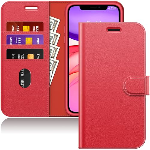 JETech Wallet Hülle für iPhone 11, Rot | Stoßfestes PU-Leder, Kartenhalter, Magnetischer Flip-Deckel, Ständerfunktion