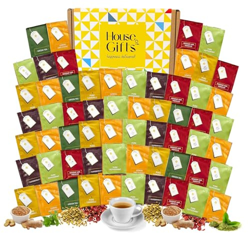 GOOFIIE. Herbal Tea Gift Set Hamper Selection | 60 Individually Wrapped Herbal Tea Bags | 6 Flavours inc Rosehip & Hibiscus, Super Fruit, Peppermint, Lemon & Ginger, Green Tea, Camomile