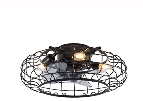 Industrial Ceiling Fan With Lights, 18 Inch Retro Metal Caged Low Profile Chandelier Fan Timing With Remote Control 3-Speed 4-Light Semi Flush Mount Round Hidden Blades Fan For Bedroom (Black) The New