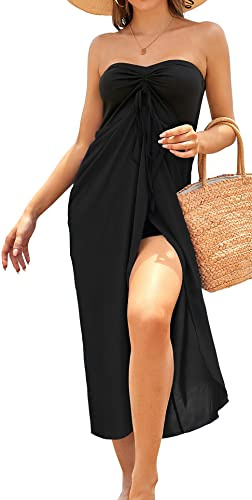 CHICGAL Strapless Dresses for Women Beach Casual Sundress Summer Dress Bandeau Coverups Clothing(A Solid Black1,XL)