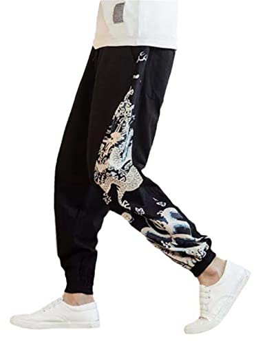 MQMYJSP Pantalon de harem chinois à motif dragon pour homme, pantalon de jogging de rue japonais avec broderie de dragon, Noir , L