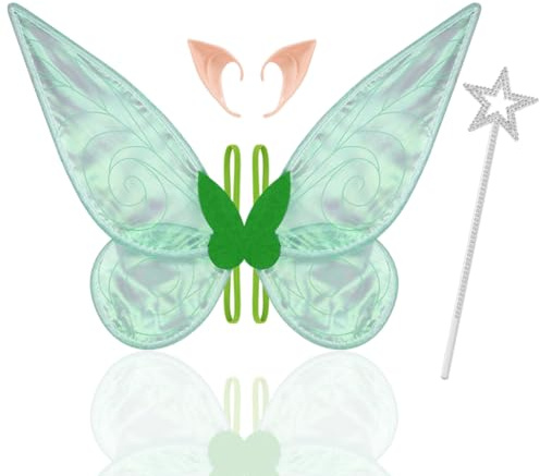Aomig Feenflügel Kinder, Feen Flügel Kranz-Tiara,Feenflügel Erwachsene Elfenohren, Schmetterlingsflügel Kinder Geeignet Fasching Karneval Geburtstag Cosplay Party Halloween (Grün)