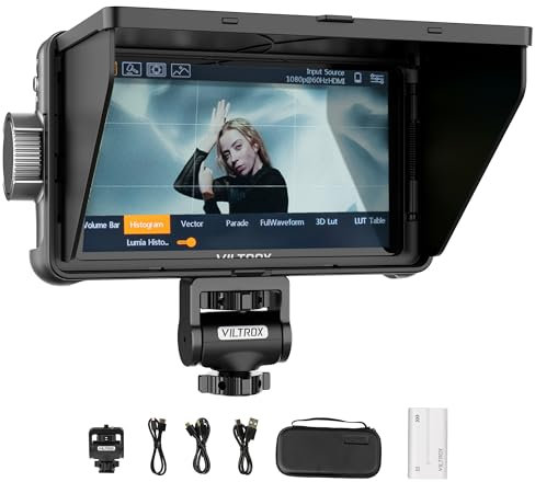 VILTROX 14.0 cm 1200nits 4Kp30 HDMI Video Field Monitor, 10bit HDR Daylight Viewable 1920x1080 Portable Monitor Recorder, Hot Shoe Mount, Battery, Sunshine Hood