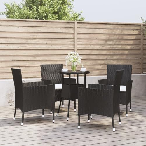 LAPOOH 5-TLG. Garten-Bistro-Set mit Kissen Schwarz Poly Rattan Bierzeltgarnitur, Gartenbar, Biertisch Bierbänke, Essgruppe, Gartenmöbel Set, Balkonmöbel, 3187415