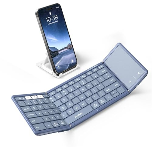 Samsers Teclado Bluetooth plegable con panel táctil, teclado plegable inalámbrico de tamaño completo con piel sintética, teclados portátiles de viaje para iOS, Android, Windows, Mac OS, compatible con