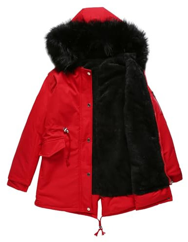 CUTTE Dicke Damen Jagdjacke Winter-Fleece-Mäntel Kapuzenmantel für Kaltes Wetter Mittellange Pufferjacke Mäntel,Red,M