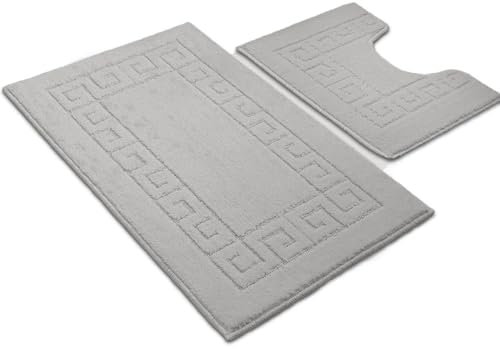 Paradise Products Greek Style Bath Mat Set 2-Piece | Non-Slip Bathroom Mats, Shower Mat & Pedestal Mat | Soft Washable Quick-Dry Bath Mats for Bathroom Floor | Anti-Mould Bath Rug Set (Silver)