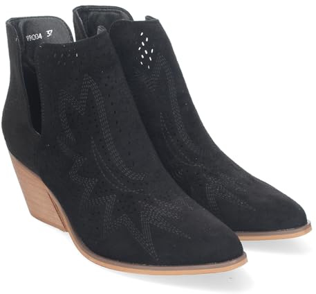 83903 Botines de Tacon Campero para Mujer Primavera Verano Elegantes y Comodos, Diseno Perforado con Estampado en la Pala, Cualquier ocasion. Negro Talla 39