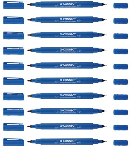 Q-Connect CD DVD BD Marker Doppelspitze/Marker Stift Stärke: mit einer ultrafeinen 0,4 mm Harzspitze und einer 1,0 mm Acrylfeder/Blau / 10 Stück - 10er Pack/Wasserfest/Ungiftig