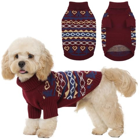 Hjyokuso Hundepullover Weihnachtspullover, Sweater für Hunde, Hund Katze Weiche Strickwaren Pullover Kleidung, Haustier Pullover Rollkragen, Winter Warme Hundemantel Pullover Jacke Burgunderrot M