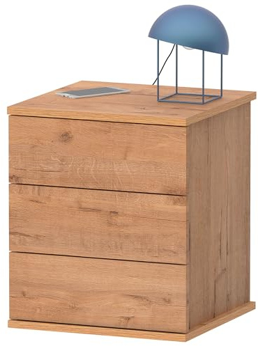 briebe Mesita de Noche 3 Cajones, Mesilla Dormitorio 48,5x41x40 cm (Alto x Ancho x Profundo) Cajonera Serenade (Roble Gold)