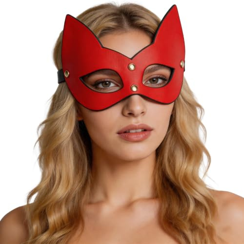 YIOTMOP Damen Rote Katzenmaske Leder Cat Mask mit Nieten Fetisch | Sexy Bondage Augenmaske für Cosplay, Halloween, Rollenspiel und Party Outfit