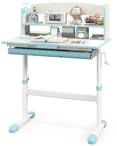 DREAMADE Schreibtisch Kinder höhenverstellbarer und neigungsverstellbar, Schülerschreibtisch Lerntisch Jungendschreibtisch, Kinderschreibtisch mit Schublade und Bücherregal (Blau, 80 x 51 x104 cm)