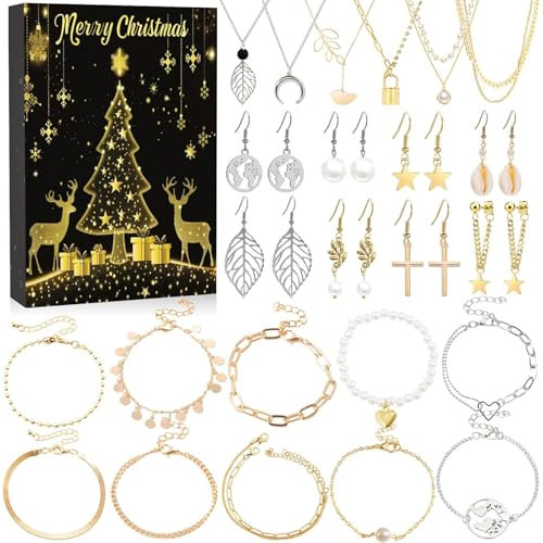 Adventskalender 2024 Kinder Schmuck, 24 Tage Weihnachten Countdown Kalender, Schmuck Weihnachtskalender 2024 für Frauen Damen, 2024 Adventskalender mit 24 Überraschungen Weihnachten Geschenk (B)