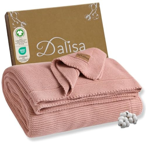 Dalisa 100% Bio-Baumwolldecke aus türkischer Baumwolle-GOTS-Zertifiziert, dick, gemütlich und klobig-perfekt für Couch, Bett und Heimdekoration - Boho Vintage Knit Alina (Rosa, 130x150 cm)