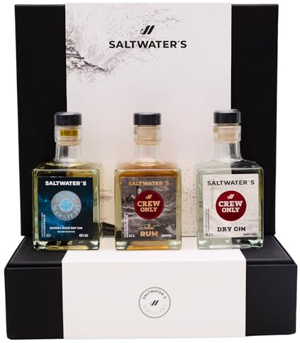 SALTWATER’s Spirituosen 3er Set Miniaturenbox – Premium Alkohol Probierpaket mit 1x Rum und 2x Sorten Gin – Ideal als hochwertiges Geschenk | 3x 100ml Schnaps-Flaschen | 40% bis 44% vol.