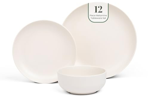 Larder & Vine 12-Piece Melamine Dinnerware Set: Durable, Lightweight, Break-Resistant Plates & Bowls – Stylish, Non-Toxic, Dishwasher Safe – Ideal for Everyday Use, Indoor & Outdoor Dining – Ivory