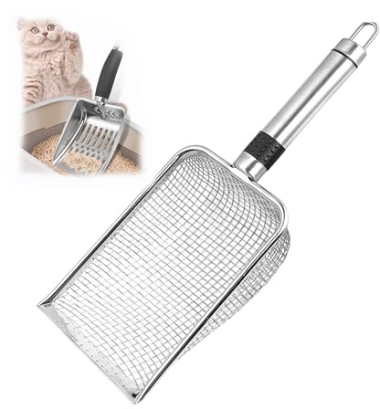 Paletta per lettiera per gatti con manico lungo, in acciaio inox, ergonomica, portatile e veloce da setacciare, facile da riporre, strumento di pulizia durevole (tubo in acciaio)