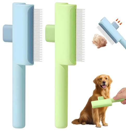 Mrltau 2 Pcs Cepillo de Pelo Autolimpiante para Gatos y Perros, Dientes de Acero Inoxidable Largo & Corto, Cepillo para Gatos, Peine para Gatos, Cepillo de Subpelo para Gatos, Cepillo de Pelo para
