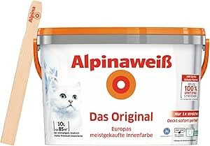 Alpinaweiß Das Original – optimal deckende und ergiebige weiße Wandfarbe – mit Spritz-Schutz-Formel – mit Rührholz (10 Liter)