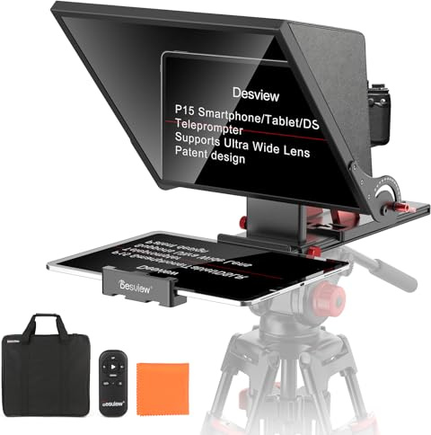 Desview P15 Aluminiumlegierung Hebbarer Teleprompter, 15 Zoll Prompter für iPad Tablet Smartphone DSLR Kamera, Kompatibel mit iOS Android, Fernbedienung und App für Videoaufnahmen, Live-Streaming