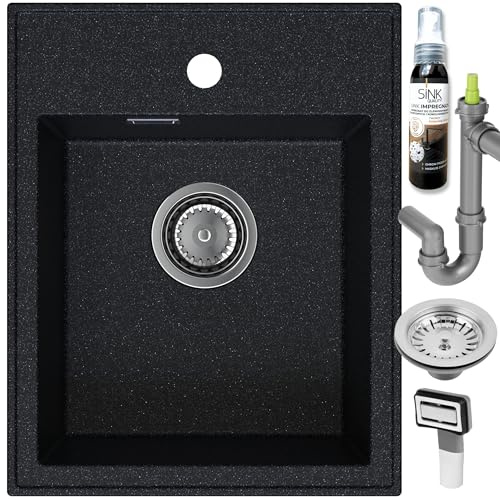 SINK QUALITY Spülbecken Schwarz gesprenkelt 40x50 cm - Granitspüle mit Siphon und Imprägnierung - Spüle ohne Abtropffläche - Kleines Spülbecken für Küche für Unterschränke ab 40 cm Breite