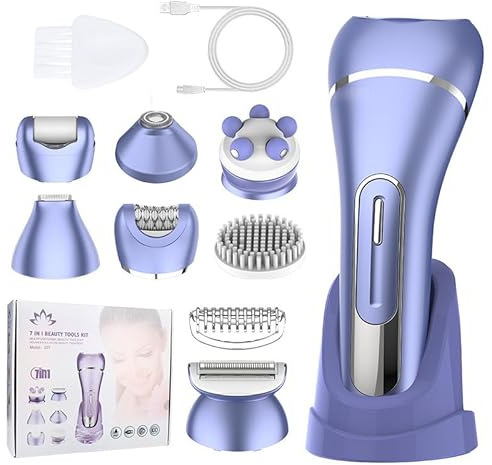 7 in 1 Epilatore Elettrico Donna, Depilatore Cordless, Wet & Dry, 2 Velocità, 30 Pinzette Coperte, Luce LED, Depilatore Elettrico per Gambe Braccia Ascelle Bikini Viso