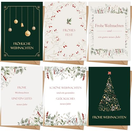 12 Weihnachtskarten mit Umschlag Set, Hochwertiges Klappkarten mit Sprüche | A6 Merry Christmas Cards - Weihnachtsbaum-Motiv für die schönsten Weihnachtsgrüße - Blanko Seiten zum Schreiben und Drucken