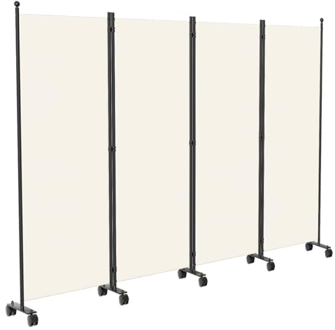 Monucep Paravent Raumteiler 228x181x30cm, 4 Teilig klappbar Freistehend Trennwand auf Rollen und Bremsen, Umkleide Sichtschutz Wand Raumtrenner, Stellwand für innen Outdoor Garten Büros Terrasse, Weiß