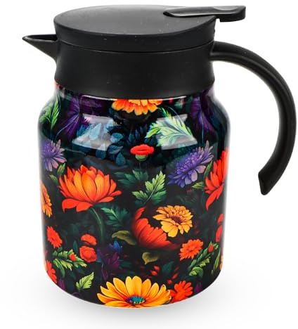 Raidley Tee Thermoskanne Mit Vintage Blumenmuster, 1000 Ml Isolierter Teekessel, Isolierte Vintage Teekanne Mit Integriertem Tee Ei, Edelstahl-Thermokaraffe mit Deckel Für Zuhause (Blumenfarbe)