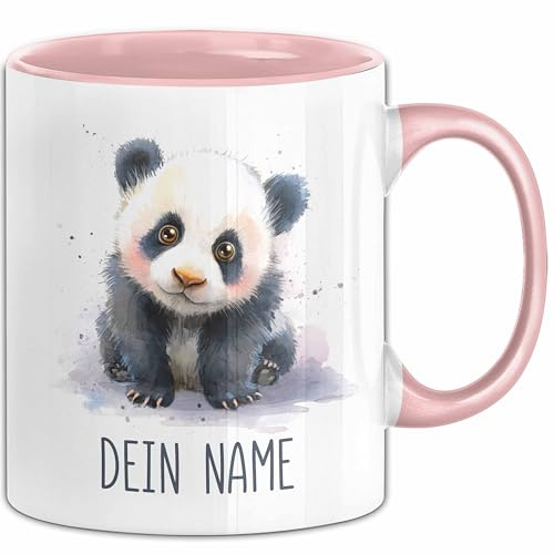 Panda Tasse mit Namen – Süße Personalisierte Kaffeebecher Geschenk Tiermotiv Becher mit Namen (Rosa)