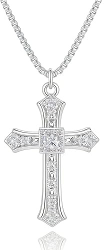 Asdecy Silver Cross Necklaces for Women Cross Necklace with Cubic Zirconia Cross Pendant Necklaces Non Tarnish Waterproof Necklace Simple Minimalist Jewellery