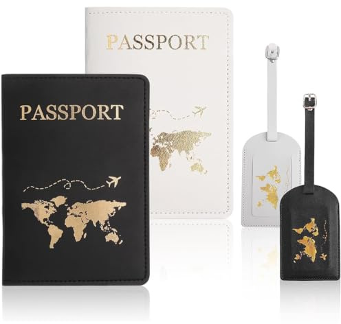 OIXEYA Set portapassaporto e portaetichette per bagaglio, 2 passaporti e 2 etichette per bagaglio, portapassaporto con blocco RFID, per uomo e donna, per passaporti e carte di credito (nero, bianco)