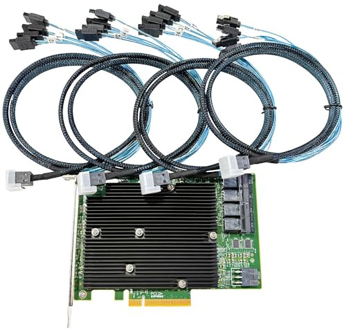SAS HBA Controller Card Compatible with LSI 9300-16i IT Mode PCIe 3.0 12Gbps 16-Port SATA Expansion Card, with 4x SFF-8643 to 4x SATA Cables, Support SAS Expander, for ZFS TrueNAS unRAID NAS