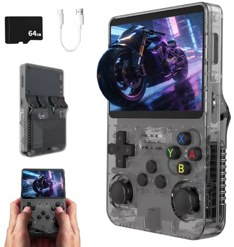 R36S Retro Handheld Game Console, Handheld Games Consoles with 3.5 Inch IPS Screen, 64G TF Card, 3500mAh Rechargeable Portable Video Console for Teens and Adults (Black-64G)