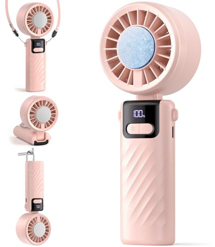 VOSFEEL Tragbarer Handventilator, Akku 5000 mAh und 5 Geschwindigkeiten, 4-in-1 Mini-Ventilator, faltbar, für Sommer, Camping, Rosa