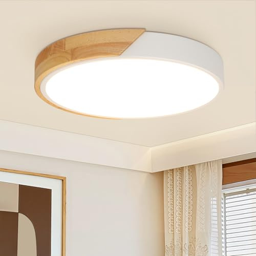 Kimjo Madera Lampara Techo LED Dormitorio, 24W Plafon LED Techo Blanco