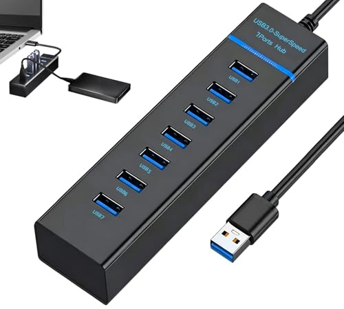 USB Hub 3.0, 7 Port Multi USB Port Splitter with 120CM Long Cable, 5Gbps Data Multiport USBExtender for Laptop, PC Laptop and More Compatible