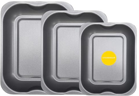3-Pack Roasting & Baking Tray Set Small (28cm), Medium (33cm), Large (38cm) Non-Stick Roasting Tins for Ovens - Durable, Dishwasher Safe, Multi-Purpose Oven Trays & Bakeware by KITCHENEUR®