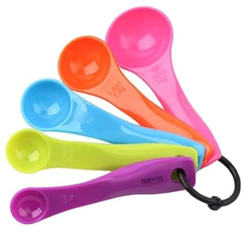 ProBytes 5 Pieces Measuring Spoon Set - Smart Baking, Accurate Measurement Scoops, 1/5 TSP (1ML/Gram) to 1 Tbsp (15ML/Grams) Liquid, Dry Spices, Baby Food, Stain Resistant - Bright Mix of Colours