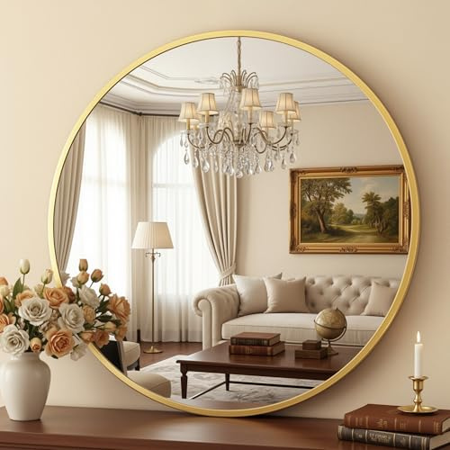 Antok Spiegel Rund, 60cm Gold Dekorative Wandspiegel für Bad, Eitelkeit, Wohnzimmer, Eingangsbereich, Runder Spiegel Hängend oder Lehnend, Aluminium Rahmen