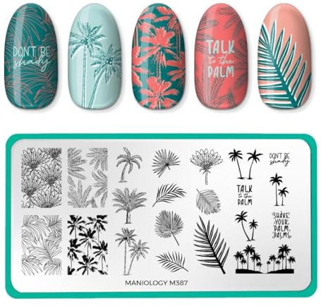 Maniology Plaque pour stamping des ongles Shake Your Palm Fronds, art des ongles avec des environnements tropicaux et plages, manucure d'été