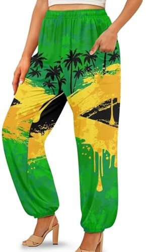 Suobstales Jamaica Flag Palm Tree Print Womens Casual Stretch Tai Chi Pant Elastic Kung fu Pants Harem Pants Pilates Dance Loungewear Jogger Palazzo Beach Pant Yoga Clothes, Size XL