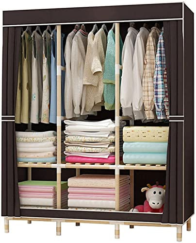 Tragbarer Kleiderschrank, Stoffgarderobe, Faltbare Kleiderschranktüren Aus Massivholz, Tragbarer Kleiderschrank Mit Canvas-Effekt, Einfarbiges Stoff-Kleiderregal,D,126 * 170 * 45cm Kleiderbügel