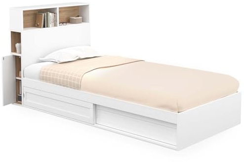 IDMarket - Cama individual Clem con almacenamiento, cabecero y somier de 90 x 190 cm, color blanco y haya