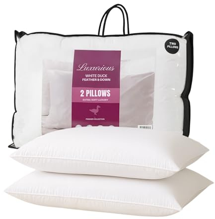 Aira Collection Luxury Hotel Quality Duck Feather & Down Pillows – 2 Pack |85:15 Ethically Sourced Fill | Medium Firm Support | IBreathable Pure Cotton Cover, Ideal for Front & Back Sleepers