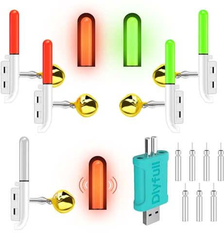 5 Stück LED Bissanzeiger angeln, Knicklichter angeln, Wasserdichtes Nachtlicht für Angelruten mit Knicklichtern Und Glocke, Nachtfischen Swinger Bissanzeiger Mit Ladegerät Und Akku für Nachtfischen
